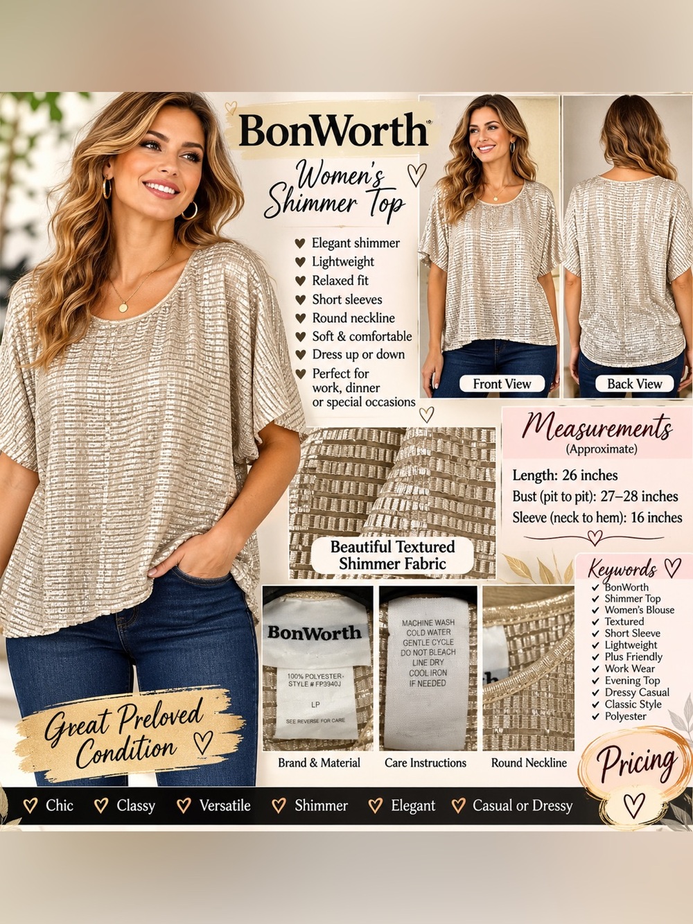 BonWorth Shimmery Cream Tunic Top